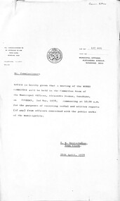 Administrative record - City of Sunshine - Commissioner Mr Alexander Alex George Gillon Collection 1976 - 1982 - Notice of Works Committee 2nd May 1978, City of Sunshine, 26th April 1978