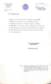 Administrative record - City of Sunshine - Commissioner Mr Alexander Alex George Gillon Collection 1976 - 1982 - Notice of works committee meeting of the council 12th April 1978, City of Sunshine, 7th April 1978