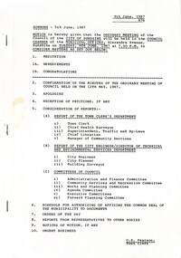 Administrative record - City of Sunshine Council Meetings 1986 - 1994 - Notice of Ordinary Meeting 9th June 1987, City of Sunshine, 5th June 1987