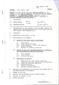 Administrative record - City of Sunshine Council Meetings 1986 - 1994 - Notice of Ordinary Meeting 18th August 1987 Part 2, City of Sunshine, 14th August 1987