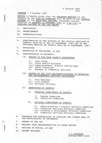 Administrative record - City of Sunshine Council Meetings 1986 - 1994 - Notice of Ordinary Meeting 6th October 1987, City of Sunshine, 2nd October 1987