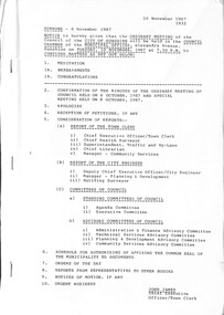 Administrative record - City of Sunshine Council Meetings 1986 - 1994 - Notice of Ordinary Meeting 10th November 1987, City of Sunshine, 6th November 1987