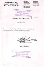 Administrative record - City of Brimbank Council Meetings - Notice of Meeting No 9 9th May 1995, City of Brimbank, 5th May 1995
