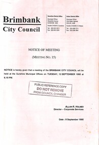 Administrative record - City of Brimbank Council Meetings - Notice of Meeting No 15 12th September 1995, City of Brimbank, 8th September 1995