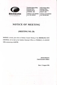 Administrative record - City of Brimbank Council Meetings - Notice of Meeting No 28 13th August 1996, City of Brimbank, 9th August 1996