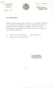 Administrative record - City of Sunshine - Commissioner Mr Alexander Alex George Gillon Collection 1976 - 1982 - Notice of Finance Committee Meeting 16th July 1979, City of Sunshine, 11th July 1979