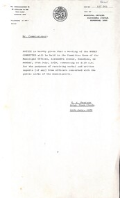 Administrative record - City of Sunshine - Commissioner Mr Alexander Alex George Gillon Collection 1976 - 1982 - Notice of Works Committee Meeting 16th July 1979, City of Sunshine, 11th July 1979
