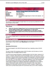 Administrative record - City of Brimbank Council Meetings - Council Meeting No 633 12.3 Quarter 3 Budget Report (Jan Feb Mar) 2024, City of Brimbank, 21st May 2024