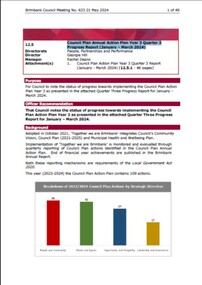Administrative record - City of Brimbank Council Meetings - Council Meeting No 633 12.5 Council Plan Annual Action Plan Year 3 Quarter 3 Progress Report (January - March 2024), City of Brimbank, 21st May 2024