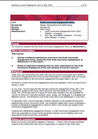 Administrative record - City of Brimbank Council Meetings - Council Meeting No 633 12.6 Draft Community Engagement Policy, City of Brimbank, 21st May 2024