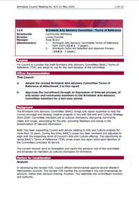 Administrative record - City of Brimbank Council Meetings - Council Meeting No 633 12.9 Brimbank Arts Advisory Committee Terms of Reference, City of Brimbank, 21st May 2024