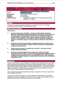 Administrative record - City of Brimbank Council Meetings - Council Meeting No 633 12.16 Contract No. 24 3475 - Provision of Hard Waste Collection Services, City of Brimbank, 21st May 2024