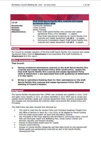 Administrative record - City of Brimbank Council Meetings - Council Meeting No 634 13.10 Final Draft Sports Facility Hire, Licences and Leases Agreement Policy 2024, City of Brimbank, 18th June 2024