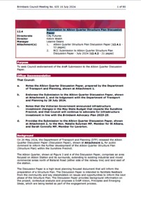Administrative record - City of Brimbank Council Meetings - Council Meeting No 635 12.4 Submission to Albion Quarter Structure Plan Discussion Paper, City of Brimbank, 16th July 2024