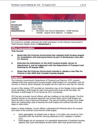 Administrative record - City of Brimbank Council Meetings - Council Meeting No 636 12.7 Victorian Government Draft Housing Targets Brimbank Submission, City of Brimbank, 20th August 2024