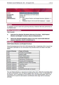 Administrative record - City of Brimbank Council Meetings - Council Meeting No 636 12.11 Federal Level Advocacy Initiatives, City of Brimbank, 20th August 2024