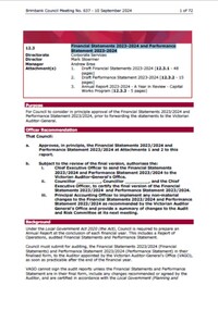 Administrative record - City of Brimbank Council Meetings - Council Meeting No 637 12.3 Financial Statements 2023-2024 and Performance Statement 2023 - 2024, City of Brimbank, 10th September 2024