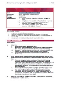 Administrative record - City of Brimbank Council Meetings - Council Meeting No 637 12.4 Governance Report September 2024, City of Brimbank, 10th September 2024