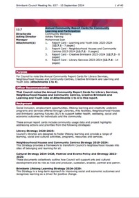 Administrative record - City of Brimbank Council Meetings - Council Meeting No 637 12.7 Annual Community Report Cards for Community Learning and Participation, City of Brimbank, 10th September 2024