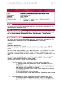 Administrative record - City of Brimbank Council Meeting - Council Meeting No 641 12.3 Quarter 1 Budget Report (July Aug Sept) 2024, City of Brimbank, 10th December 2024