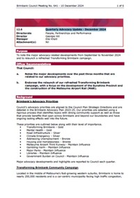 Administrative record - City of Brimbank Council Meeting - Council Meeting No 641 12.6 Quarterly Advocacy Update - December 2024, City of Brimbank, 10th December 2024