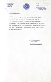 Administrative record - City of Sunshine - Commissioner Mr Alexander Alex George Gillon Collection 1976 - 1982 - Notice of works committee meeting 27th February 1979, City of Sunshine, 27th February 1979