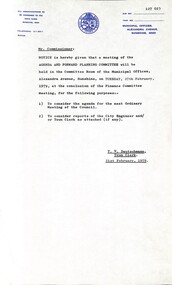 Administrative record - City of Sunshine - Commissioner Mr Alexander Alex George Gillon Collection 1976 - 1982 - Notice of agenda and forward planning committee meeting 27th February 1979, City of Sunshine, 21st February 1979