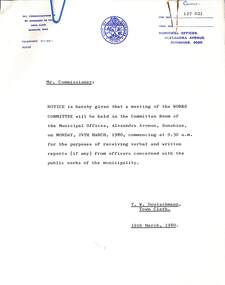 Administrative record - City of Sunshine - Commissioner Mr Alexander Alex George Gillon Collection 1976 - 1982 - Notice of Committee Meetings 24th March 1980, City of Sunshine, 19th March 1980