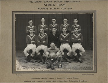 Photograph - Nobels Junior Soccer Team Winners Salmon Cup 1940, Hilda Mitchell Studios, 1940