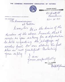 Letter - City of Sunshine - Commissioner Mr Alexander Alex George Gillon Collection 1976 - 1982 - Combined Pensioners Association Sunshine Branch Letter 21st April 1980, The Combined Pensioners Association of Victoria Sunshine Branch, 21st April 1980