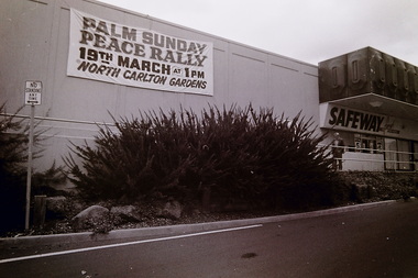 Photograph - Palm Sunday Banner Sunshine Plaza Hampshire Road Sunshine 1989 Photograph, Sharon Cavanagh, 16th March 1989