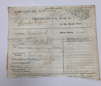 Certificate, Service record of Charles "Tug" Wilson, Early 20th Century