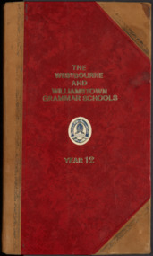 A red book with brown leather corners and spine and gilt lettering on the cover