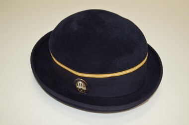 Navy blue felt bowler style hat with ribbon hat band. 