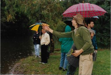 Ranger Peter Wiltshire throwing water plants into the wetlands, Darebin Parklands Association, 1993