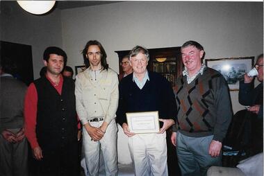 Vin Heffernan shows his certificate of life membership, Darebin Parklands Association, 1998