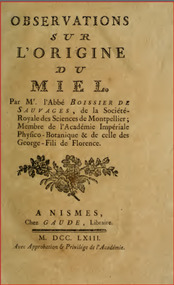 Publication, e-book, Obsevations sur l'origine du miel (Boissier de Sauvages, Pierre Augustin), Nismes, 1763, 1763