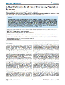 Publication, A quantitative model of honey bee colony population dynamics. (Khoury, David S., Myercough, Mary R. and Barron, Andrew B.). np, 2011, 2011