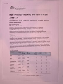 Article, Honey Residue Testing Annual Datasets 2015-16 (Dept Of Agriculture and Water Resources), 2016