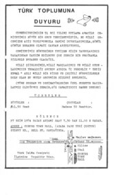 Flyer, Turk Islam Cemiyeti, Turk Toplumu Duyuru, 1974