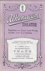 Theatre Program, Chang (film) : A Drama of the Wilderness screened at the Athenaeum Theatre in 1928, 28/01/1928