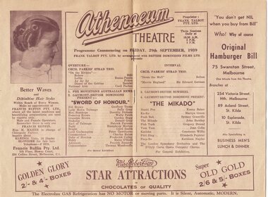 Theatre program, Sword of Honour / The Mikado (1939 films) presented by Frank Talbot in association with British Dominions Films shown at the Athenaeum Theatre on the 29th September 1939, 09/1939