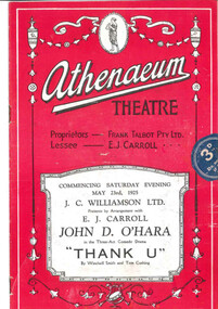 Theatre program, Cass & Sons, Thank U (comedy drama) performed at the Athenaeum Theatre in 1925, 1925