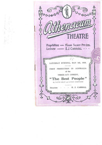 Theatre program, The Best People (three-act comedy) by  David Gray and Avery Hopwood performed at the Athenaeum Theatre Saturday May 8 1926