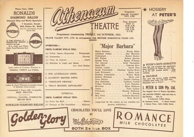 Theatre program, Major Barbara (film) shown at the Athenaeum Theatre in 1941