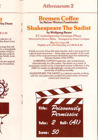 Theatre brochure advertisement, Bremen Coffee; Shakespeare the Sadist  by Rainer Werner Fassbinder and by Wolfgang Bauer (plays) by Rainer Werner Fassbinder performed by the Melbourne Theatre Company at Athenaeum Theatre 2 in 1980