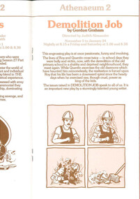Theatre Brochure  advertisement, Demolition Job (play) by Gordon Graham - brochure extract -  performed by The Melbourne Theatre Company at the Athenaeum Theatre commencing 5 November 1980