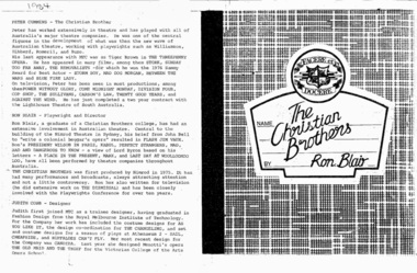 Theatre Program, The Christian Brothers (play) by Ron Blair performed at the Athenaeum Theatre commencing 29 November 1984