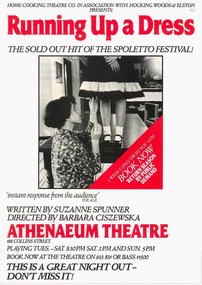 Theatre Flyer, Running Up A Dress (play) by Suzanne Spunner performed at the Athenaeum Theatre 2 commencing 17 September 1986