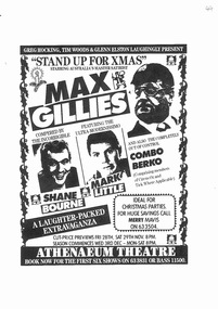 Flyer and Newspaper articles, Stand Up For Xmas (play) performed at the Athenaeum Theatre commencing 3rd December 1986